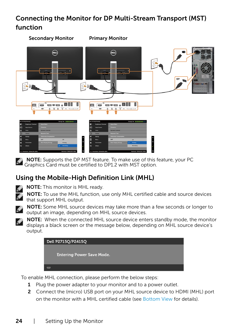 Using the mobile-high definition link (mhl) | Dell P2415Q Monitor User Manual | Page 24 / 51