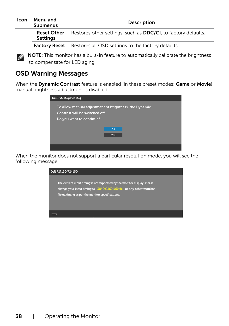 Osd warning messages | Dell P2415Q Monitor User Manual | Page 38 / 51