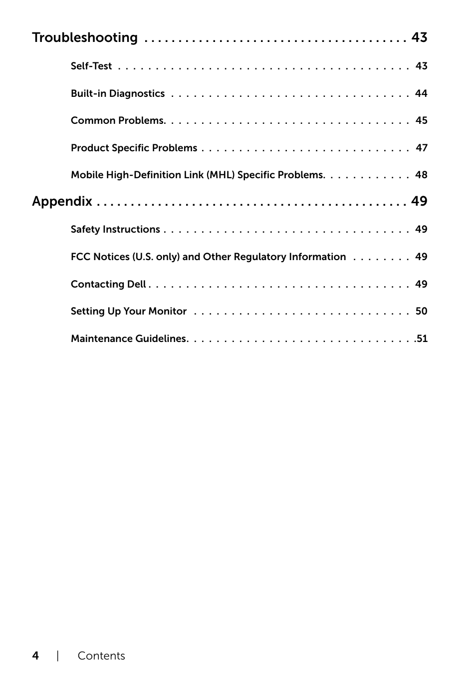 Troubleshooting, Appendix | Dell P2415Q Monitor User Manual | Page 4 / 51