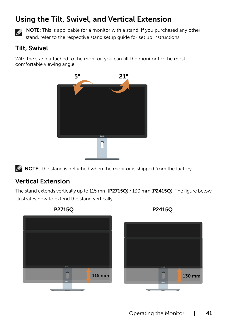 Using the tilt, swivel, and vertical extension, Tilt, swivel, Vertical extension | Dell P2415Q Monitor User Manual | Page 41 / 51