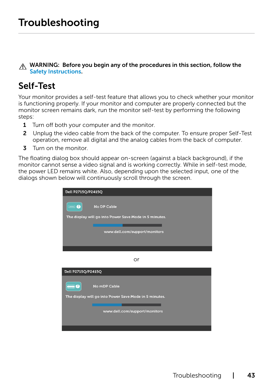 Troubleshooting, Self-test | Dell P2415Q Monitor User Manual | Page 43 / 51