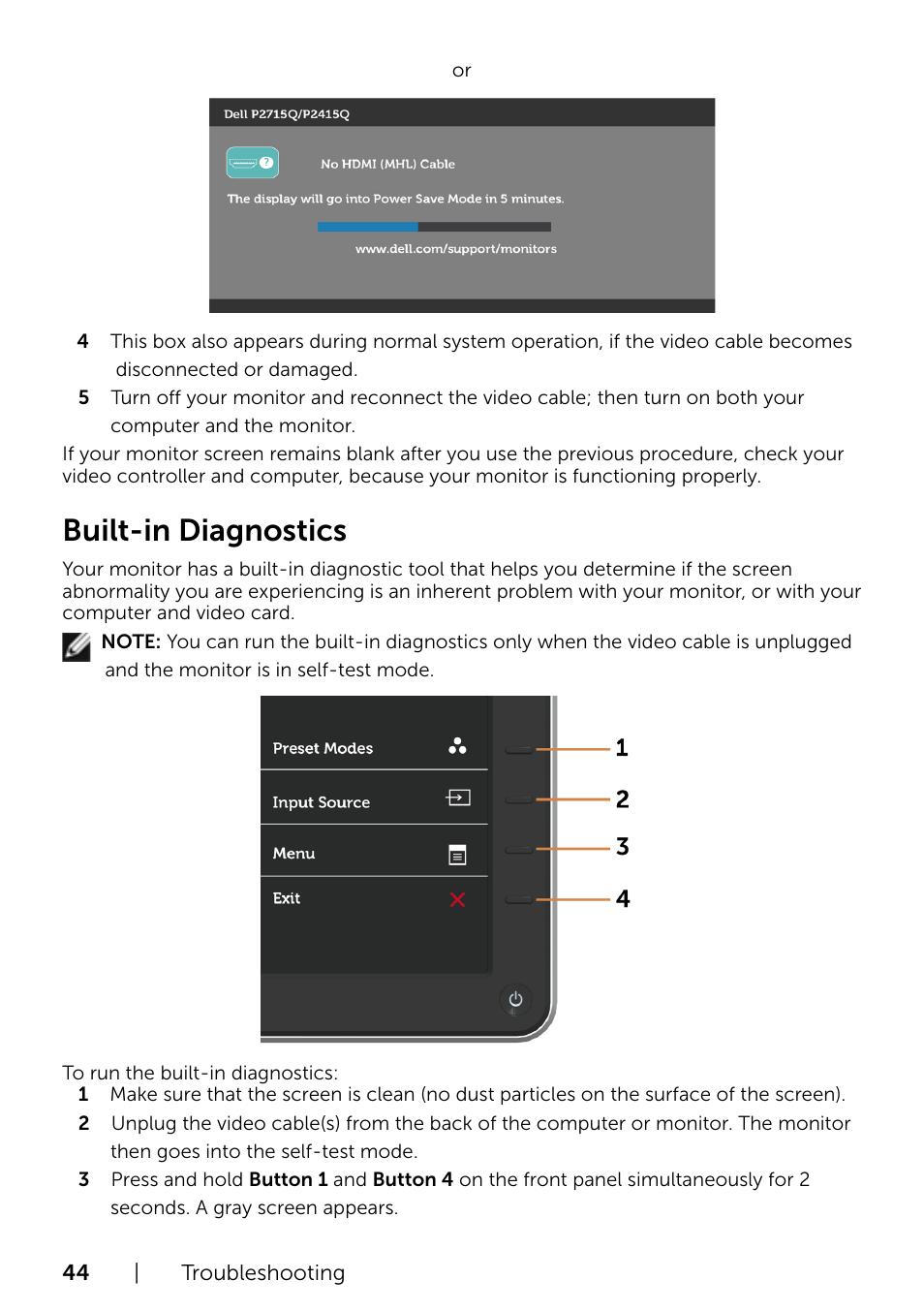 Built-in diagnostics | Dell P2415Q Monitor User Manual | Page 44 / 51
