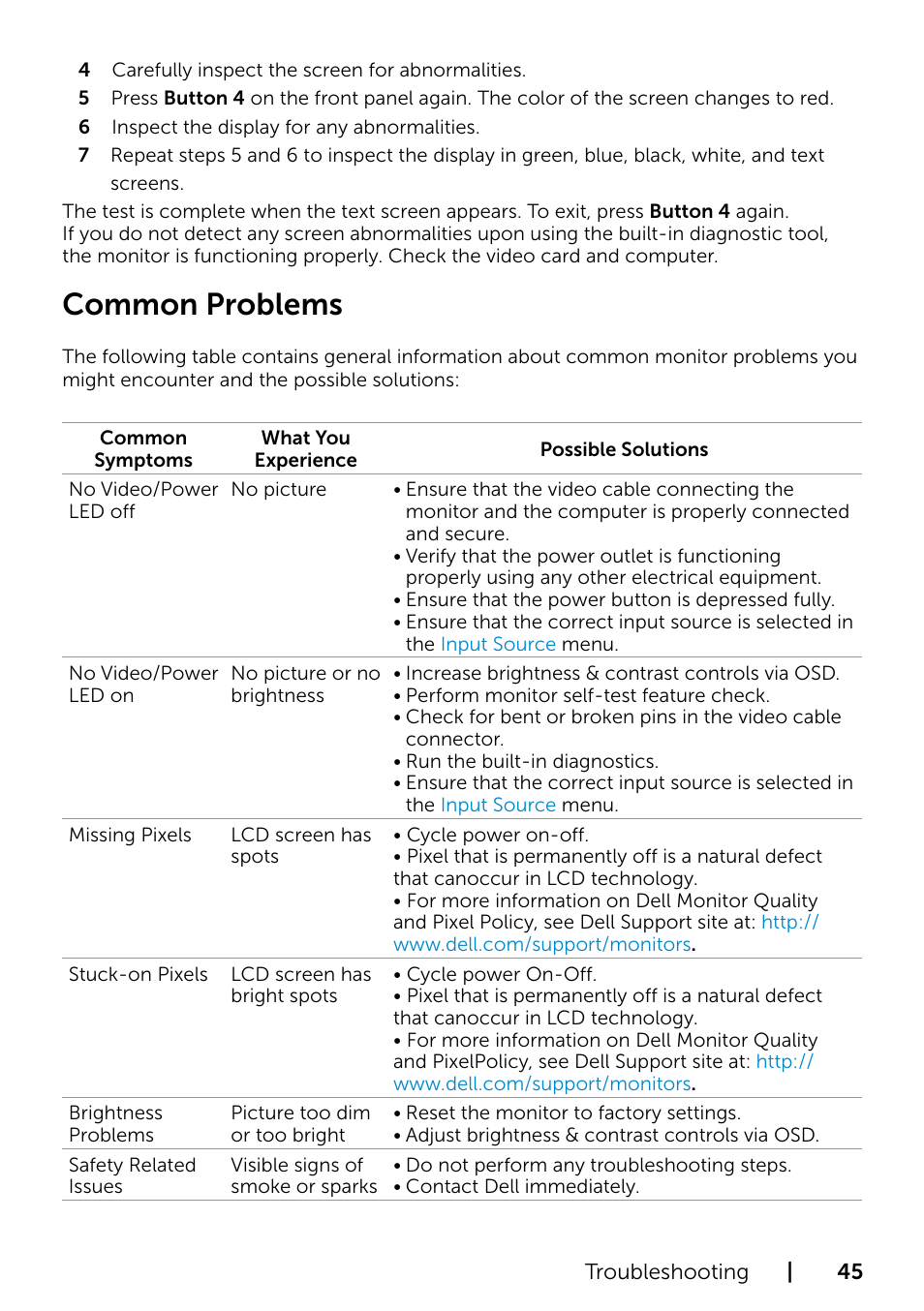 Common problems | Dell P2415Q Monitor User Manual | Page 45 / 51