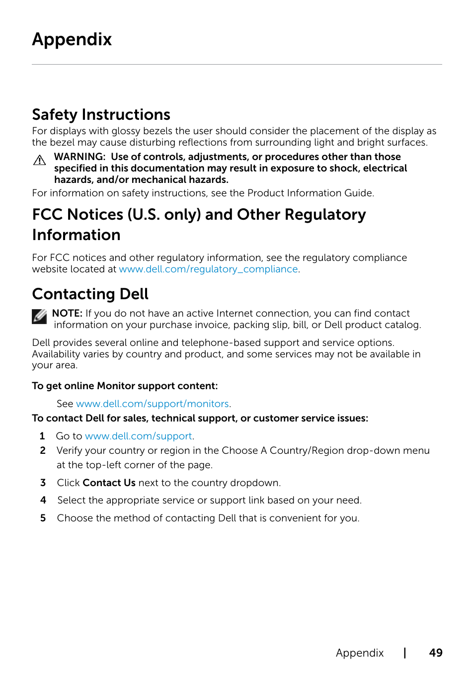 Appendix, Safety instructions, Contacting dell | Dell P2415Q Monitor User Manual | Page 49 / 51