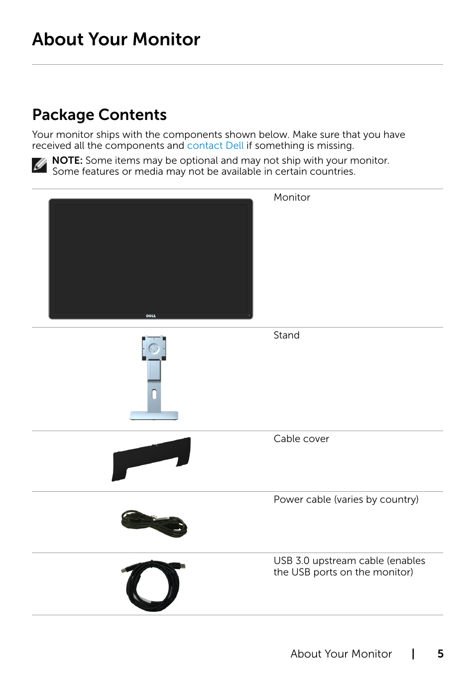 About your monitor, Package contents | Dell P2415Q Monitor User Manual | Page 5 / 51