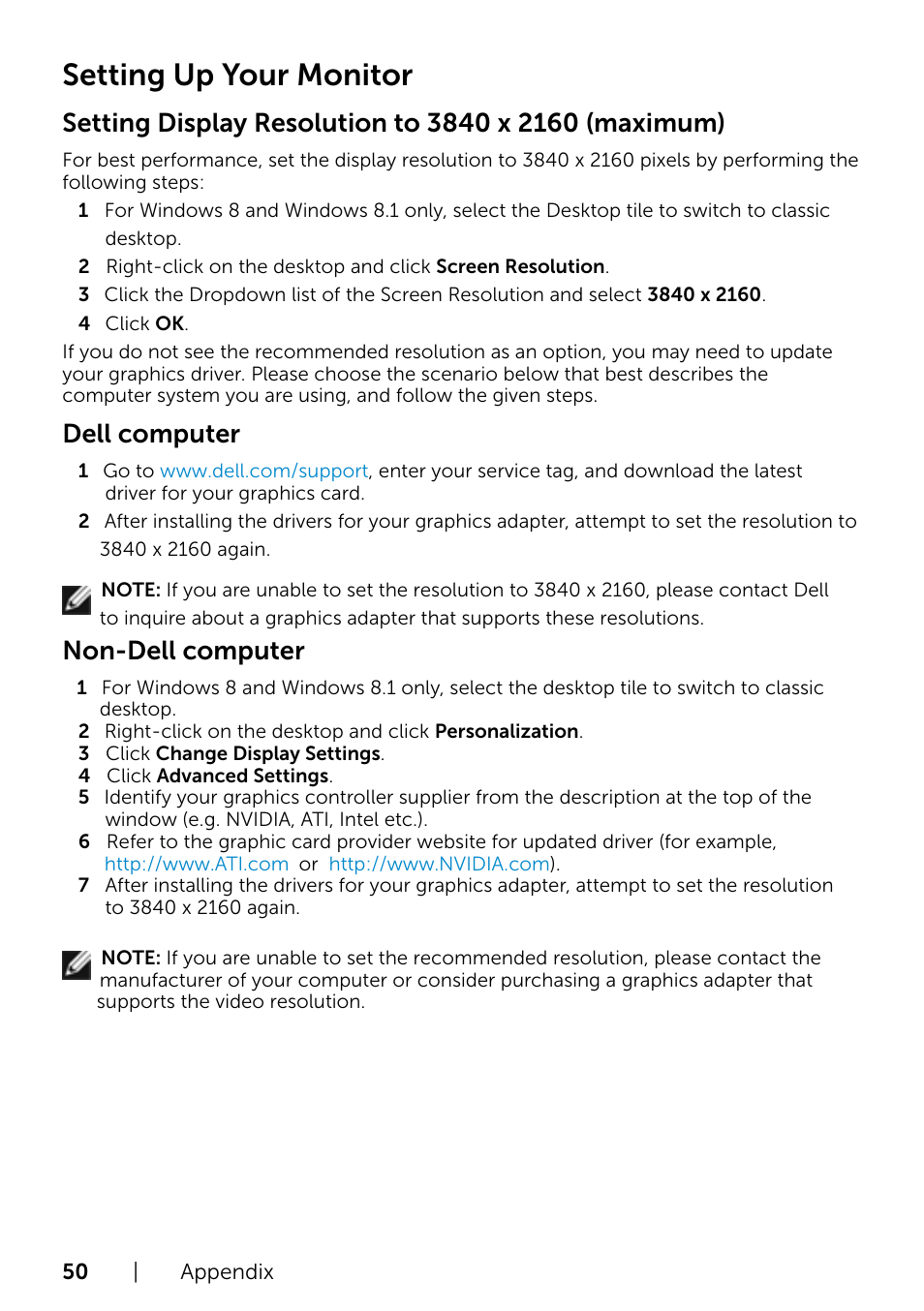 Setting up your monitor, Dell computer, Non-dell computer | Dell P2415Q Monitor User Manual | Page 50 / 51