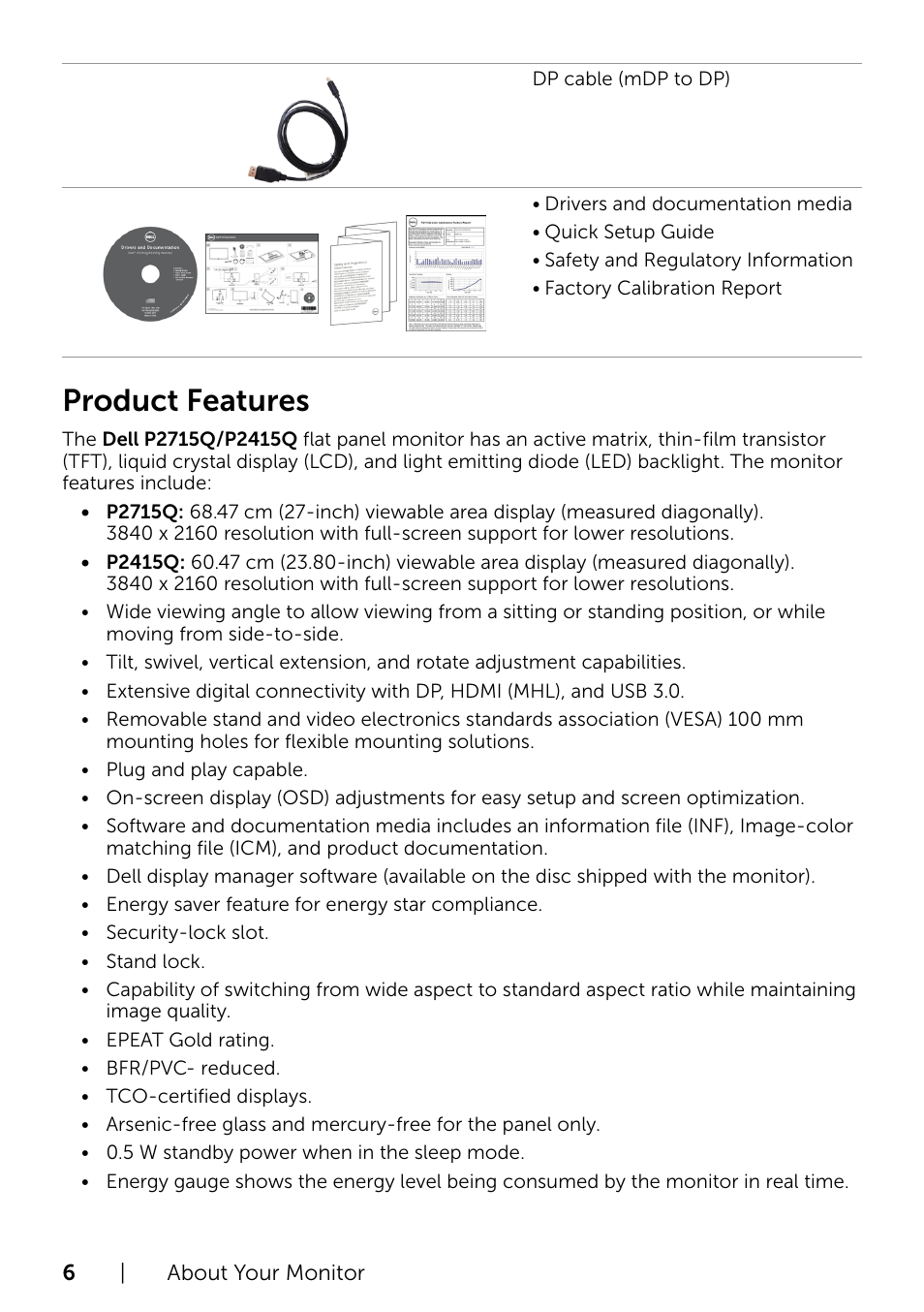 Product features | Dell P2415Q Monitor User Manual | Page 6 / 51