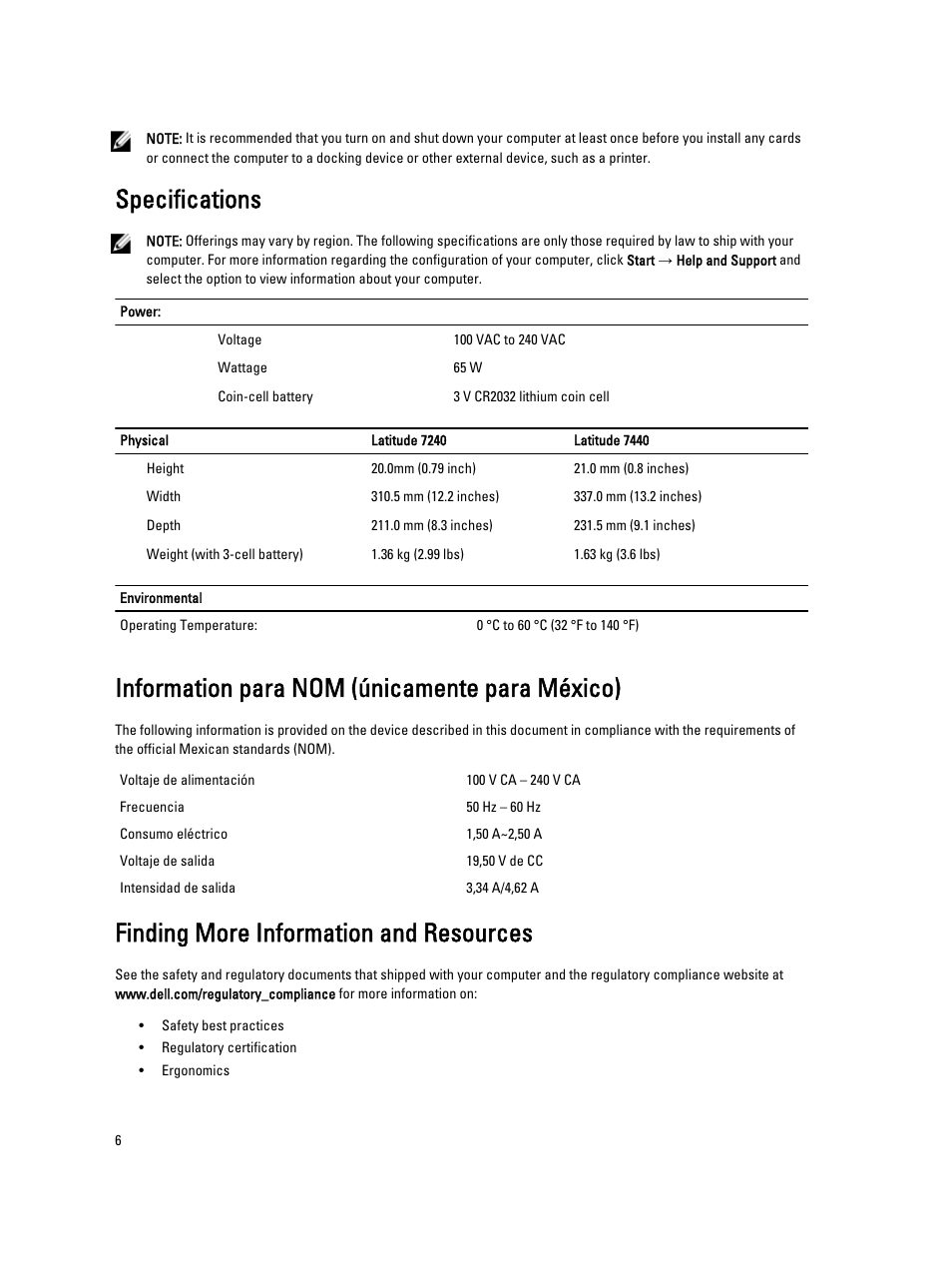 Specifications, Finding more information and resources, Information para nom (únicamente para méxico) | Dell Latitude E7440 (Mid 2013) User Manual | Page 6 / 7