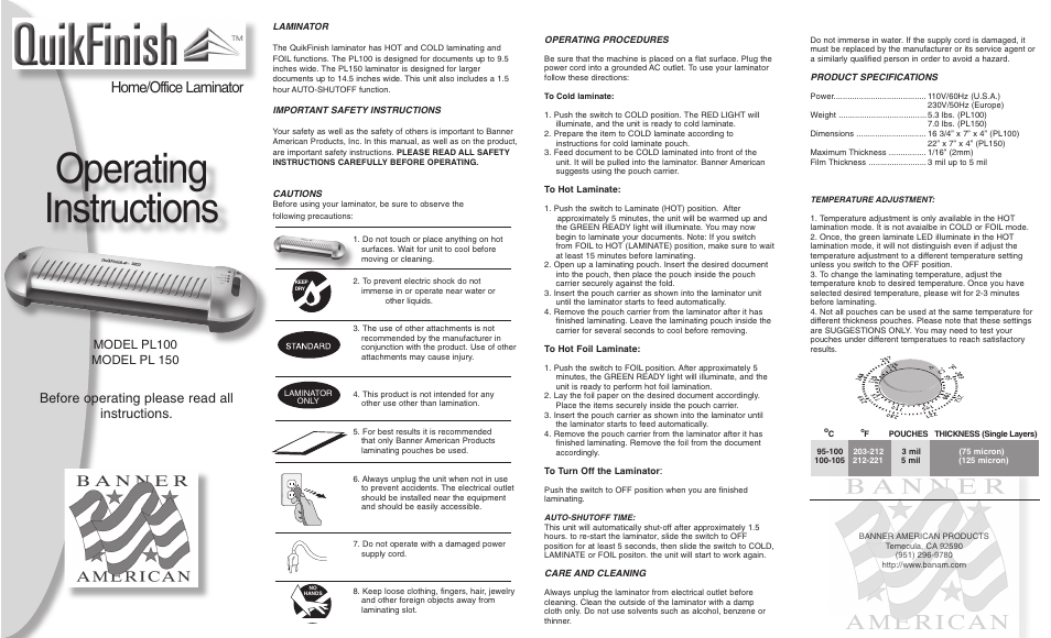 Banner American Products PL100 PL150 User Manual | 2 pages