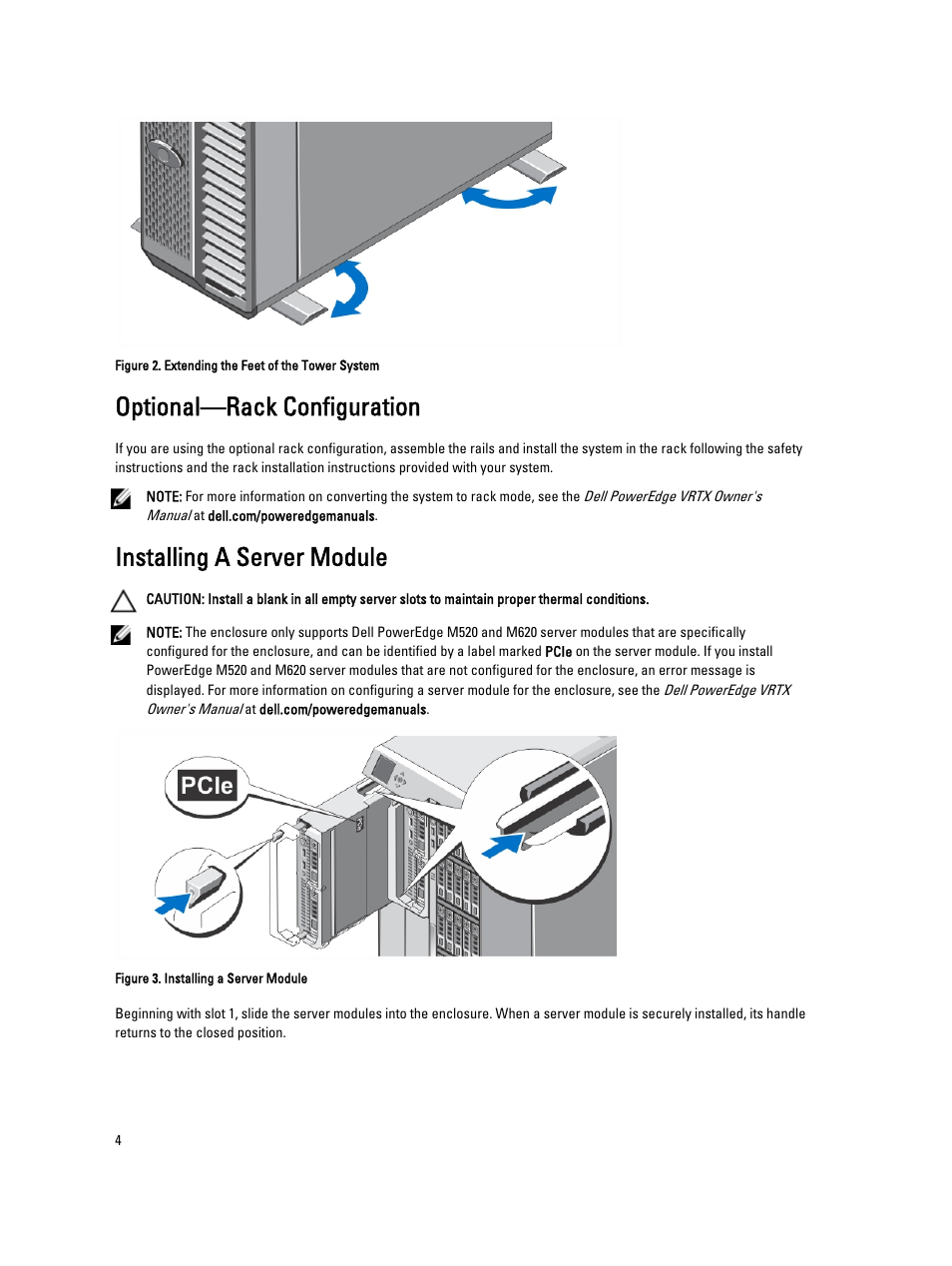 Optional—rack configuration, Installing a server module | Dell PowerEdge M620 (for PE VRTX) User Manual | Page 4 / 13
