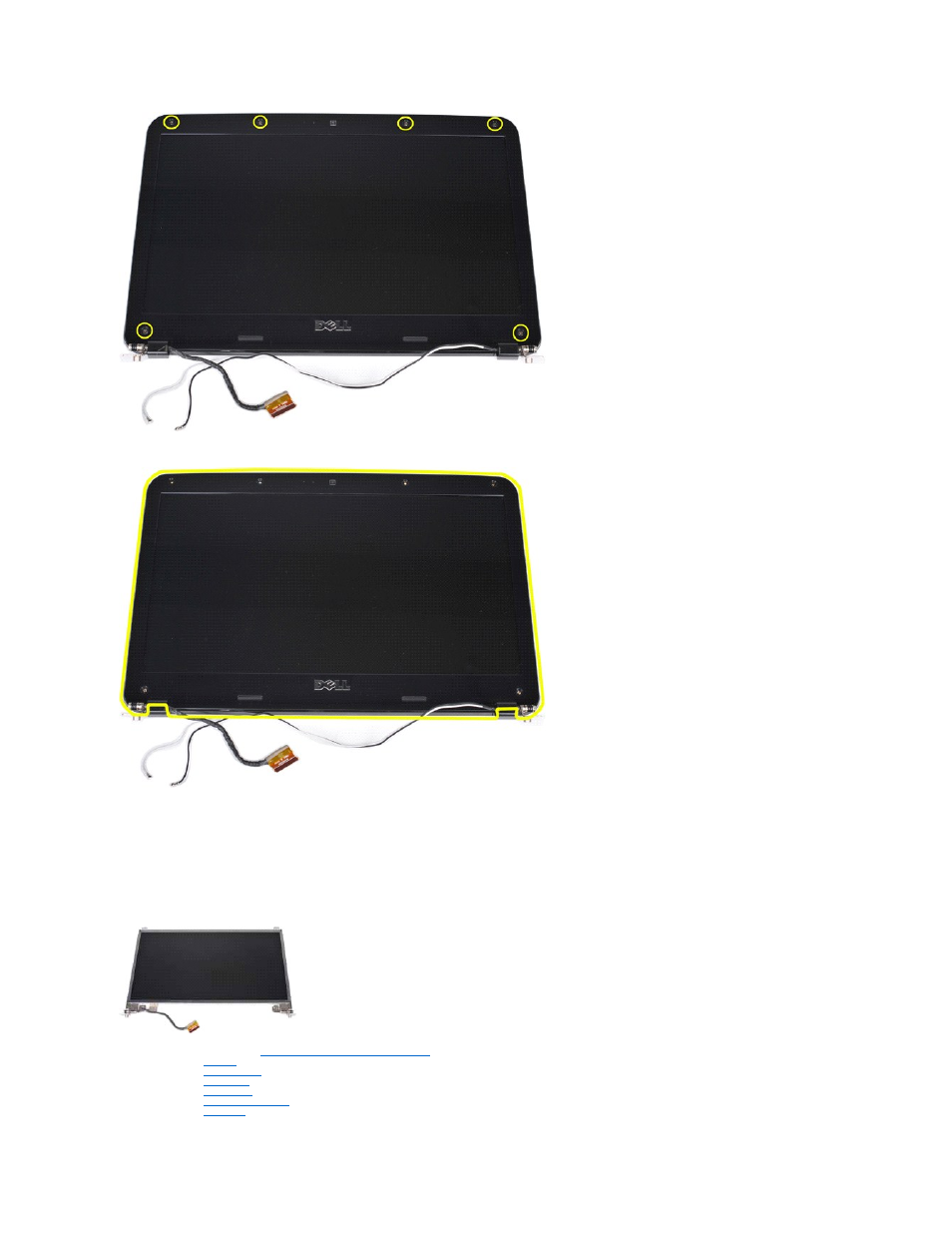 Replacing the display bezel, Removing the led display panel, Removing the display led panel | Dell Vostro 1015 (Mid 2009) User Manual | Page 35 / 76