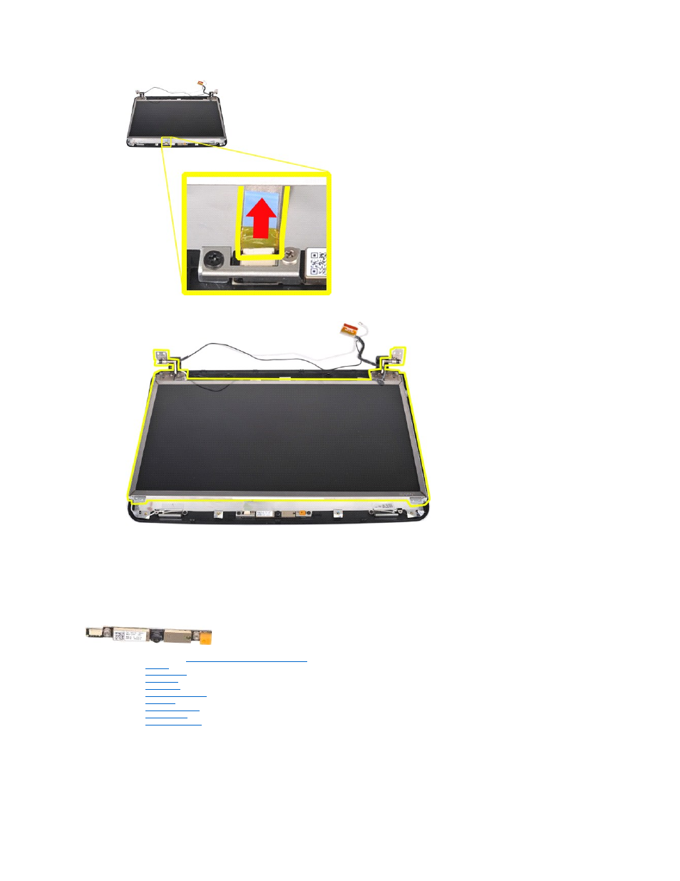 Replacing the led display panel, Removing the display camera, Replacing the display led panel | Dell Vostro 1015 (Mid 2009) User Manual | Page 37 / 76