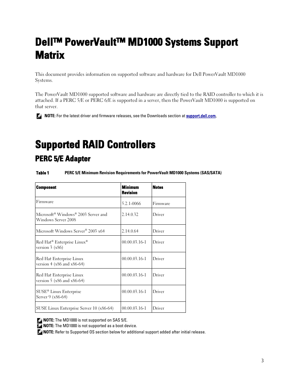 Dell™ powervault™ md1000 systems support matrix, Supported raid controllers, Perc 5/e adapter | Dell POWERVAULT MD1000 User Manual | Page 3 / 11