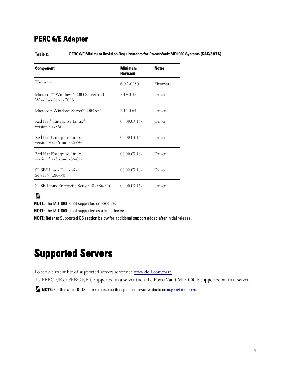 Supported servers, Perc 6/e adapter | Dell POWERVAULT MD1000 User Manual | Page 4 / 11