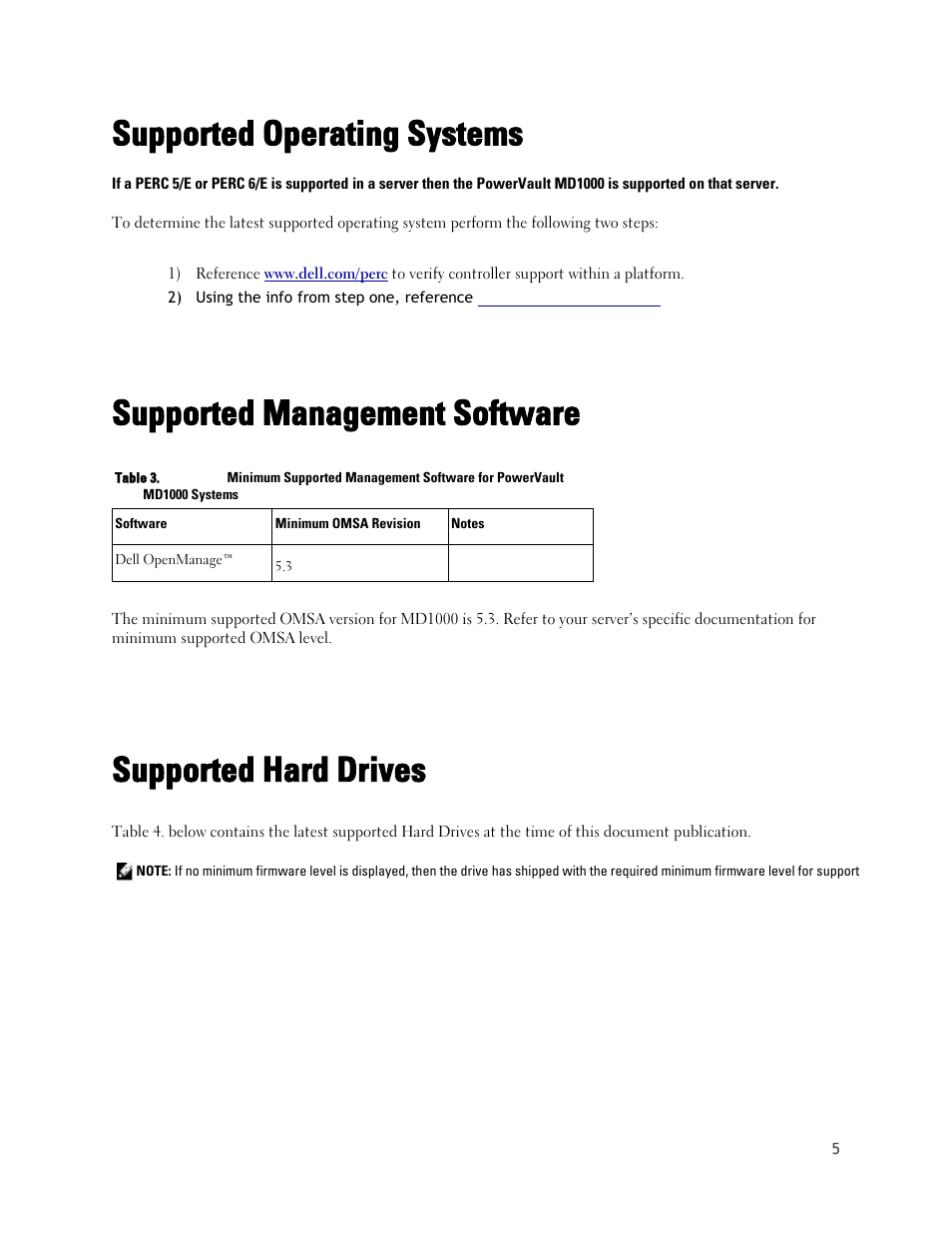 Supported operating systems, Supported management software, Supported hard drives | Dell POWERVAULT MD1000 User Manual | Page 5 / 11