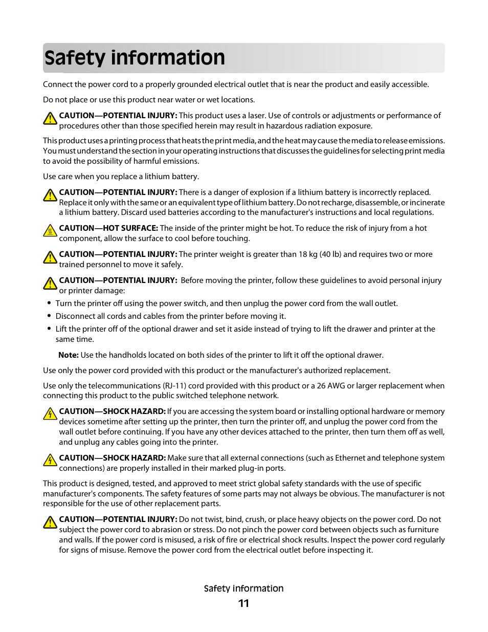 Safety information | Dell 5350dn Mono Laser Printer User Manual | Page 11 / 193