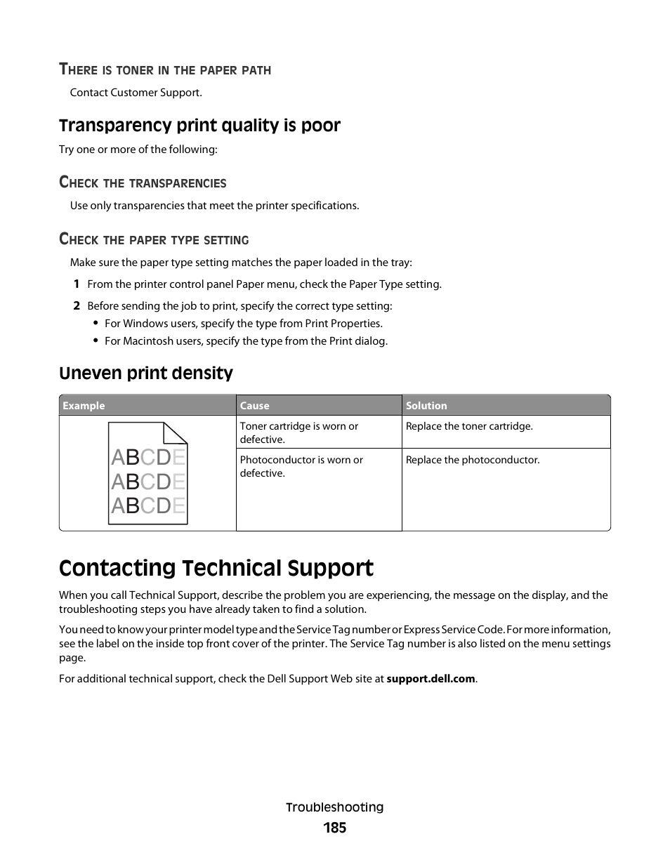 Transparency print quality is poor, Uneven print density, Contacting technical support | Dell 5350dn Mono Laser Printer User Manual | Page 185 / 193