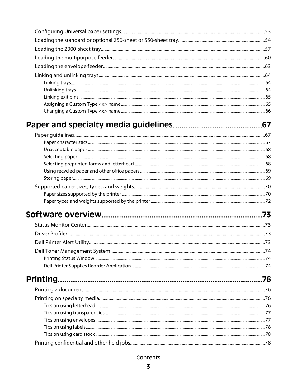Paper and specialty media guidelines, Software overview, Printing | Dell 5350dn Mono Laser Printer User Manual | Page 3 / 193