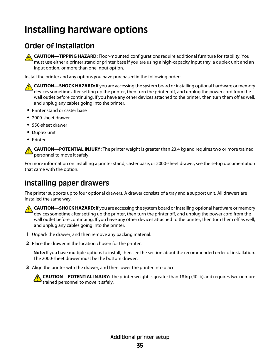 Installing hardware options, Order of installation, Installing paper drawers | Dell 5350dn Mono Laser Printer User Manual | Page 35 / 193