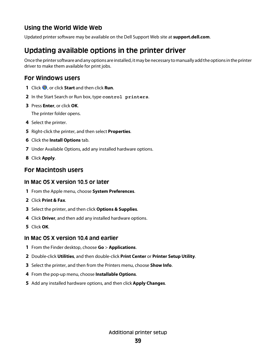 Updating available options in the printer driver | Dell 5350dn Mono Laser Printer User Manual | Page 39 / 193