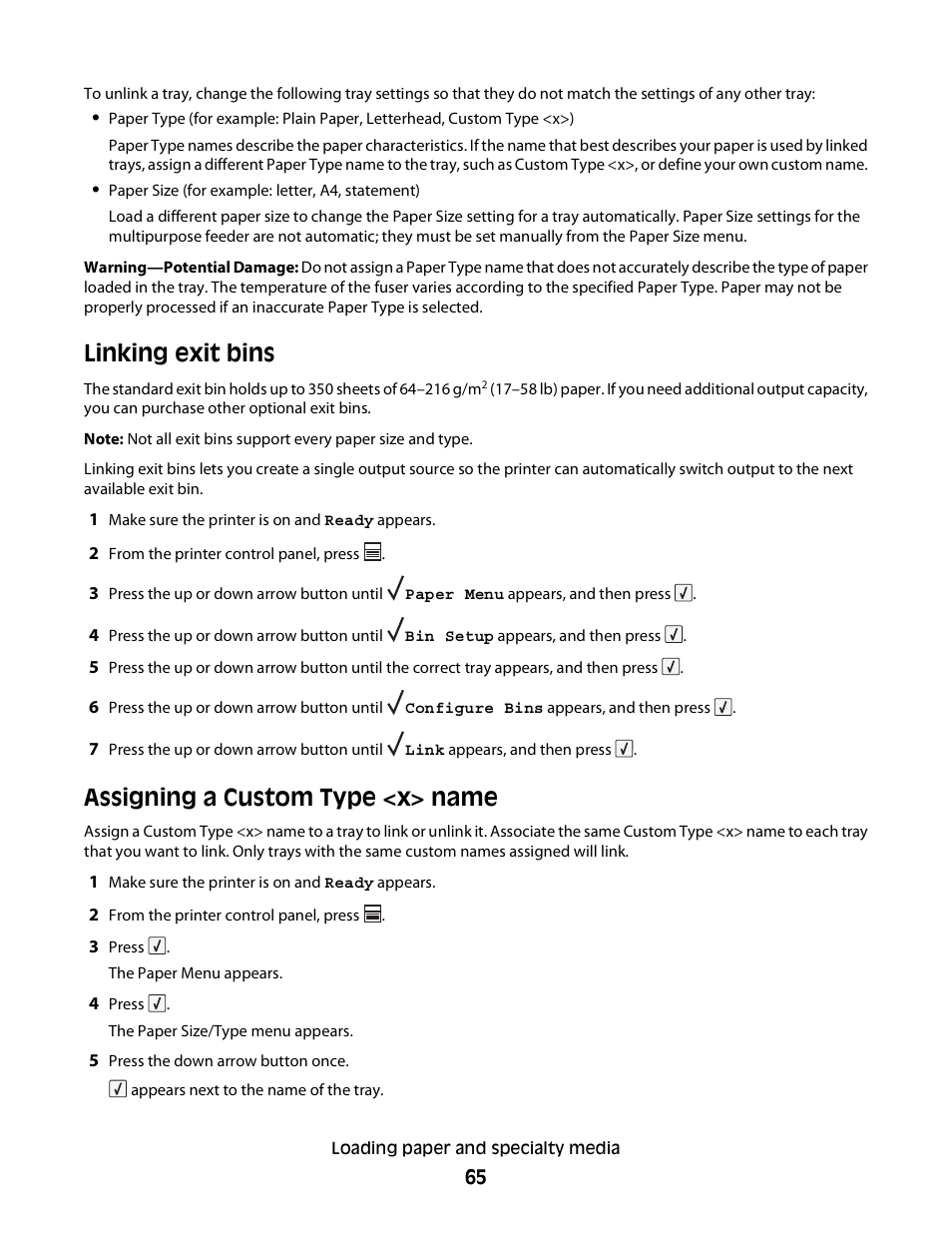 Linking exit bins, Assigning a custom type <x> name, Linking exit bins assigning a custom type <x> name | Dell 5350dn Mono Laser Printer User Manual | Page 65 / 193