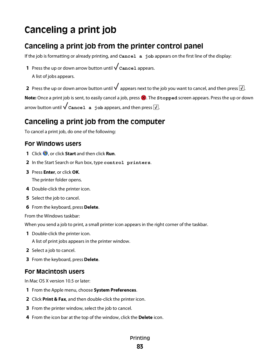 Canceling a print job, Canceling a print job from the computer | Dell 5350dn Mono Laser Printer User Manual | Page 83 / 193