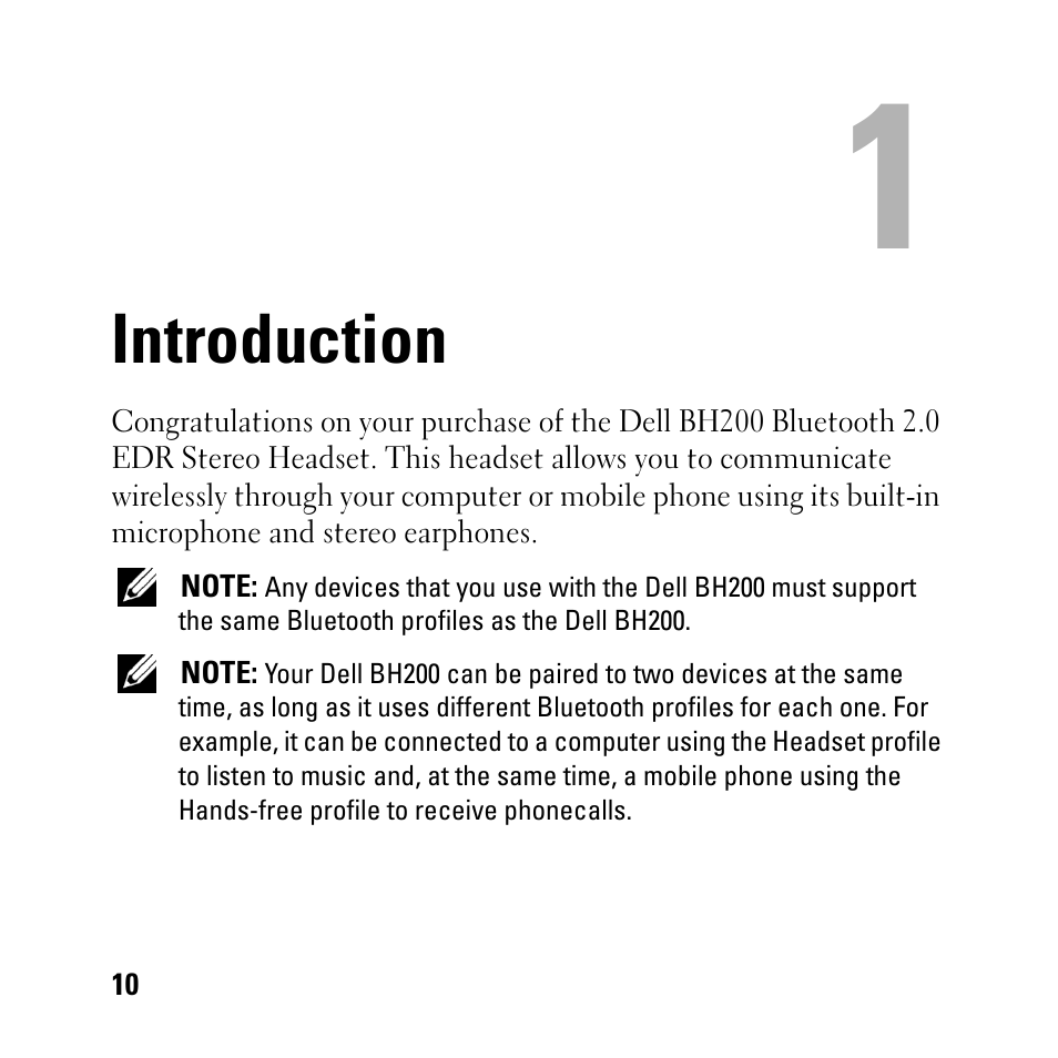 Introduction, 1 introduction | Dell BH200 Bluetooth 2.0 EDR Stereo Headset User Manual | Page 10 / 93