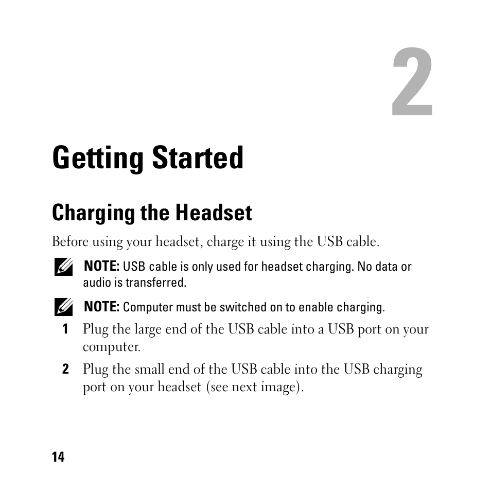 Getting started, Charging the headset, 2 getting started | Dell BH200 Bluetooth 2.0 EDR Stereo Headset User Manual | Page 14 / 93