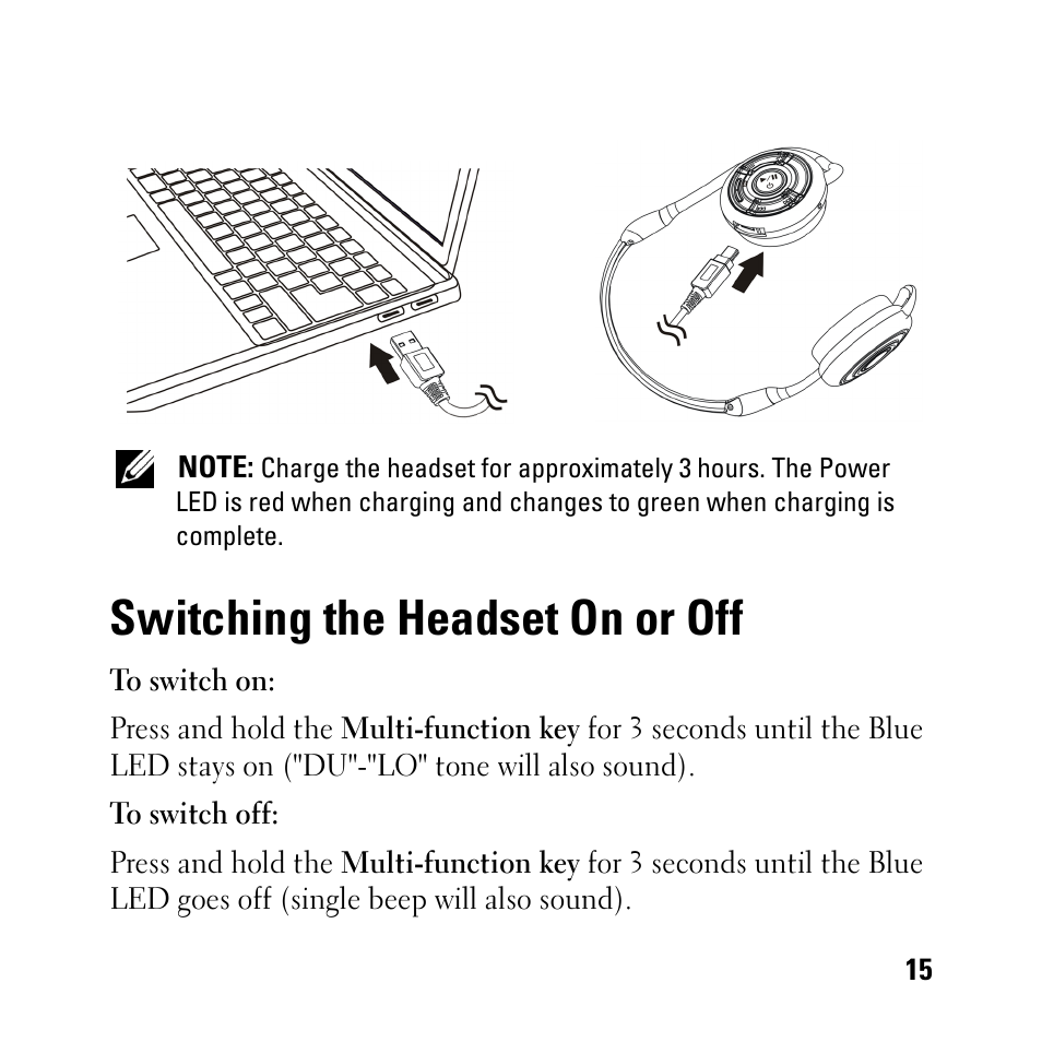 Switching the headset on or off | Dell BH200 Bluetooth 2.0 EDR Stereo Headset User Manual | Page 15 / 93