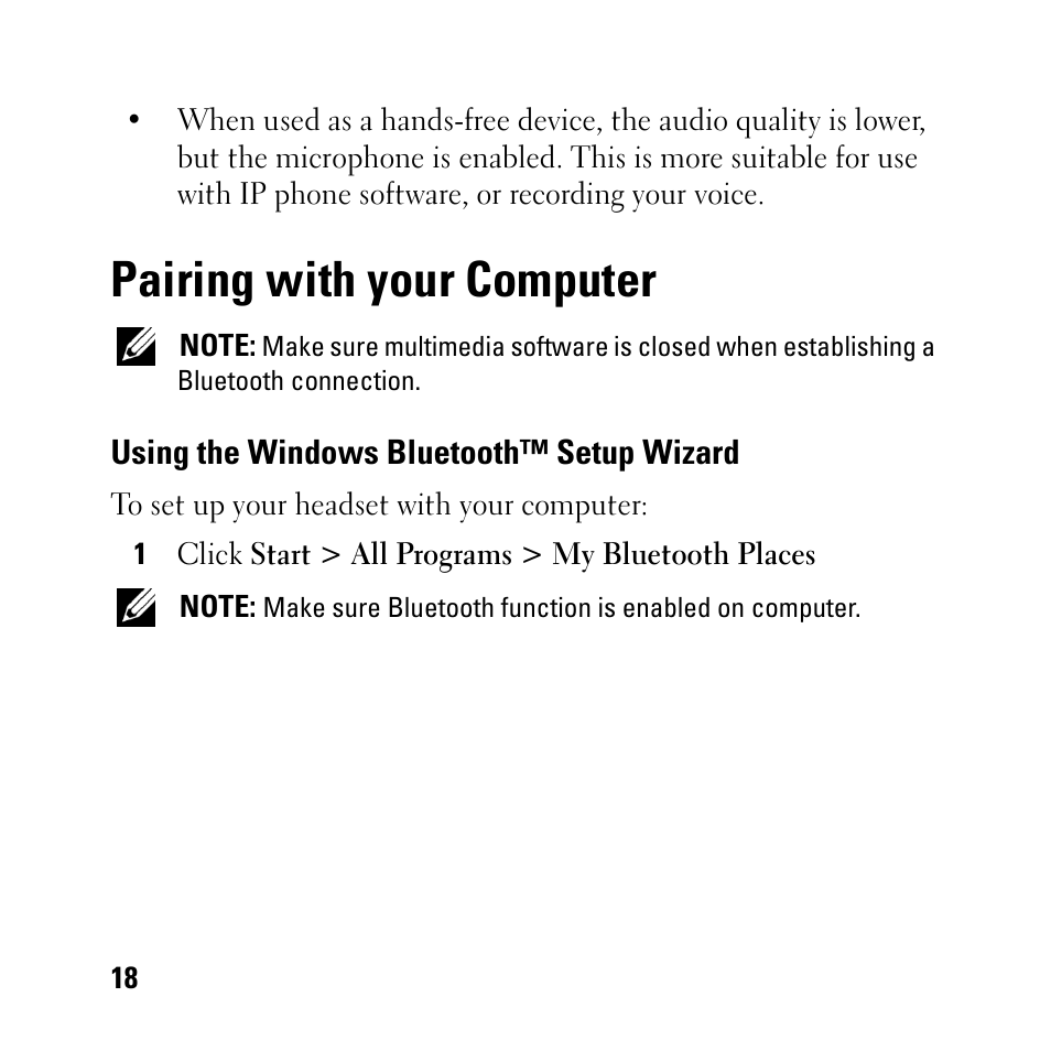 Pairing with your computer, Using the windows bluetooth™ setup wizard | Dell BH200 Bluetooth 2.0 EDR Stereo Headset User Manual | Page 18 / 93