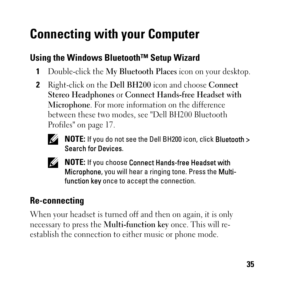 Connecting with your computer, Using the windows bluetooth™ setup wizard, Re-connecting | Dell BH200 Bluetooth 2.0 EDR Stereo Headset User Manual | Page 35 / 93