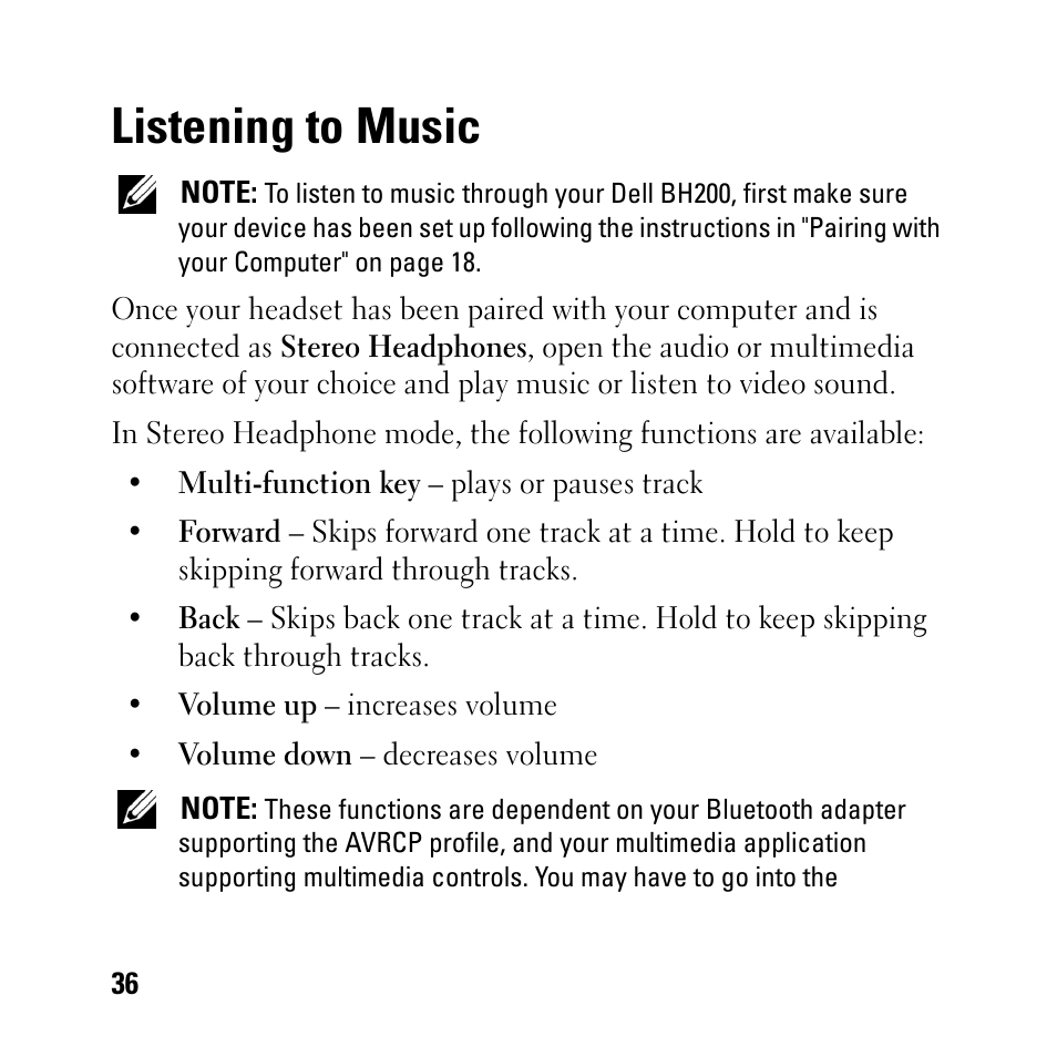 Listening to music | Dell BH200 Bluetooth 2.0 EDR Stereo Headset User Manual | Page 36 / 93