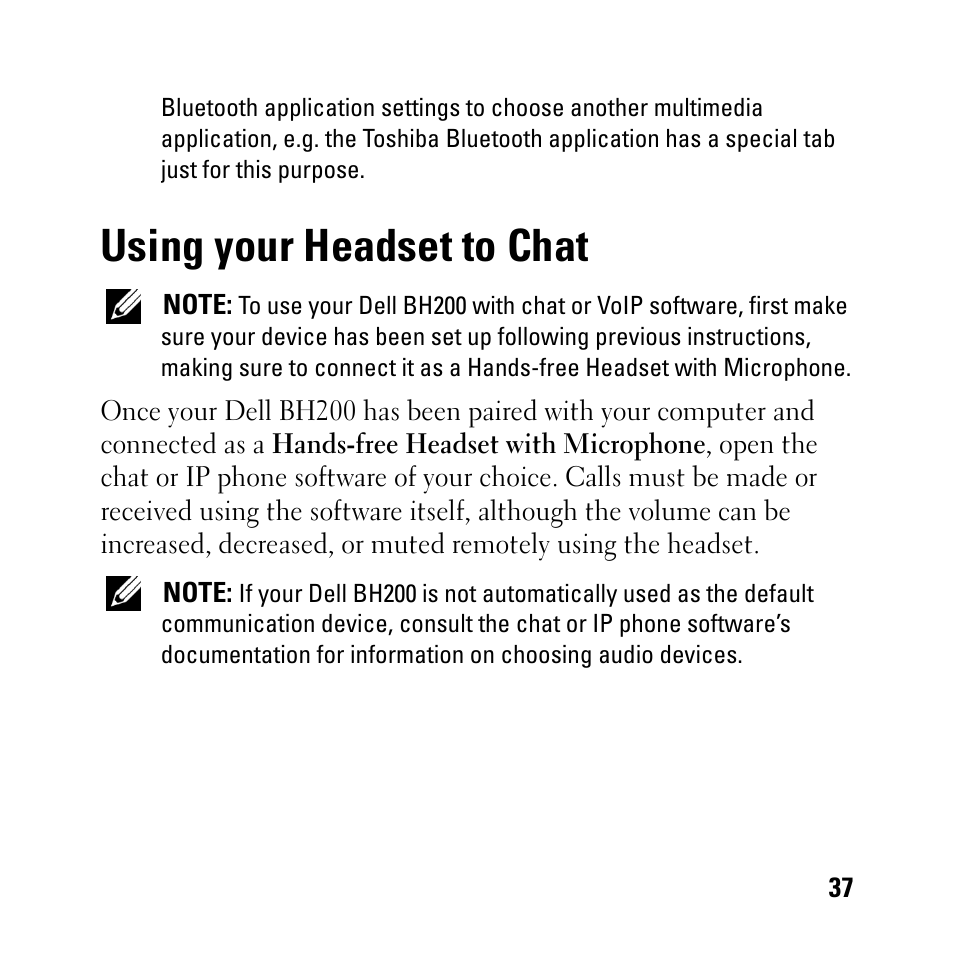 Using your headset to chat | Dell BH200 Bluetooth 2.0 EDR Stereo Headset User Manual | Page 37 / 93