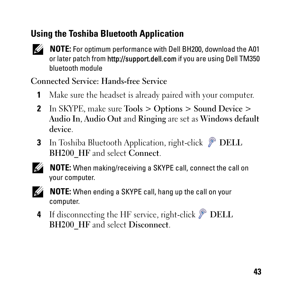 Using the toshiba bluetooth application | Dell BH200 Bluetooth 2.0 EDR Stereo Headset User Manual | Page 43 / 93