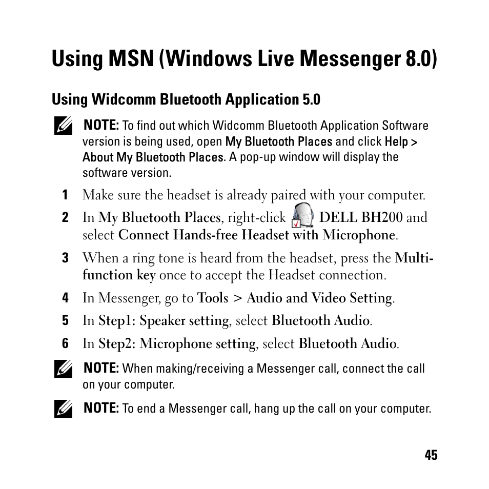 Using msn (windows live messenger 8.0), Using widcomm bluetooth application 5.0 | Dell BH200 Bluetooth 2.0 EDR Stereo Headset User Manual | Page 45 / 93