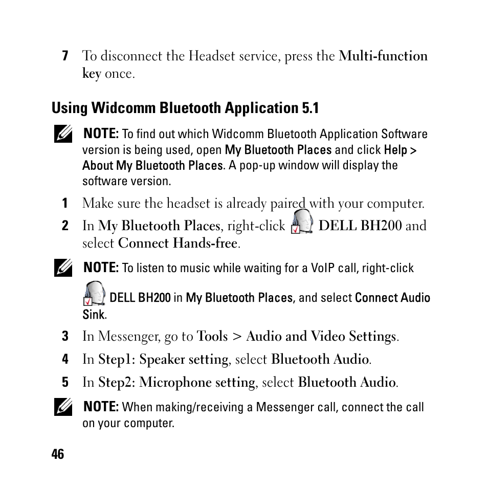 Using widcomm bluetooth application 5.1 | Dell BH200 Bluetooth 2.0 EDR Stereo Headset User Manual | Page 46 / 93