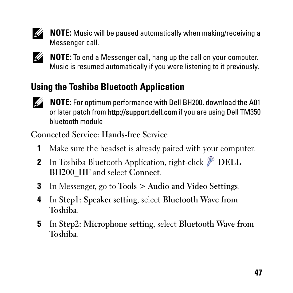 Using the toshiba bluetooth application | Dell BH200 Bluetooth 2.0 EDR Stereo Headset User Manual | Page 47 / 93