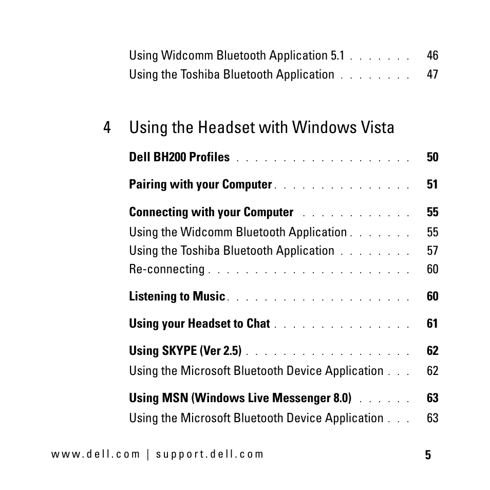 4 using the headset with windows vista | Dell BH200 Bluetooth 2.0 EDR Stereo Headset User Manual | Page 5 / 93
