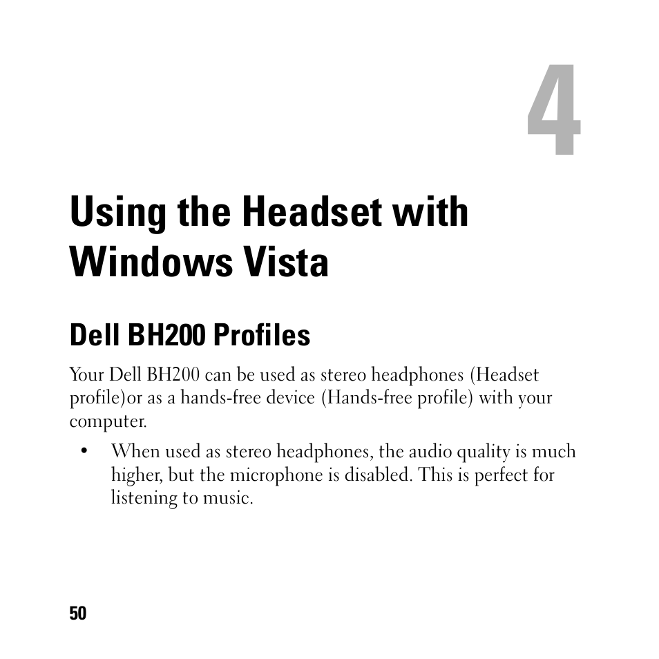 Using the headset with windows vista, Dell bh200 profiles, 4 using the headset with windows vista | Dell BH200 Bluetooth 2.0 EDR Stereo Headset User Manual | Page 50 / 93