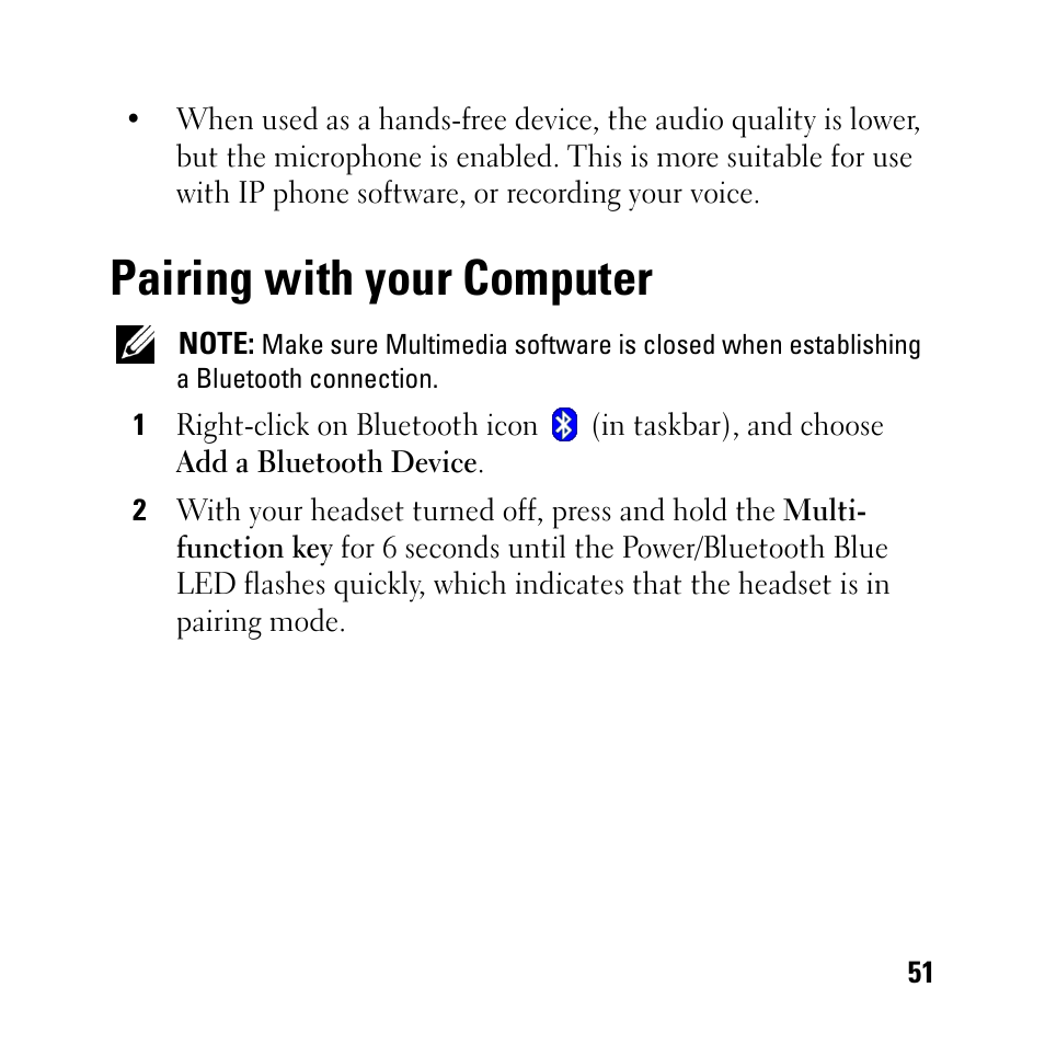 Pairing with your computer | Dell BH200 Bluetooth 2.0 EDR Stereo Headset User Manual | Page 51 / 93