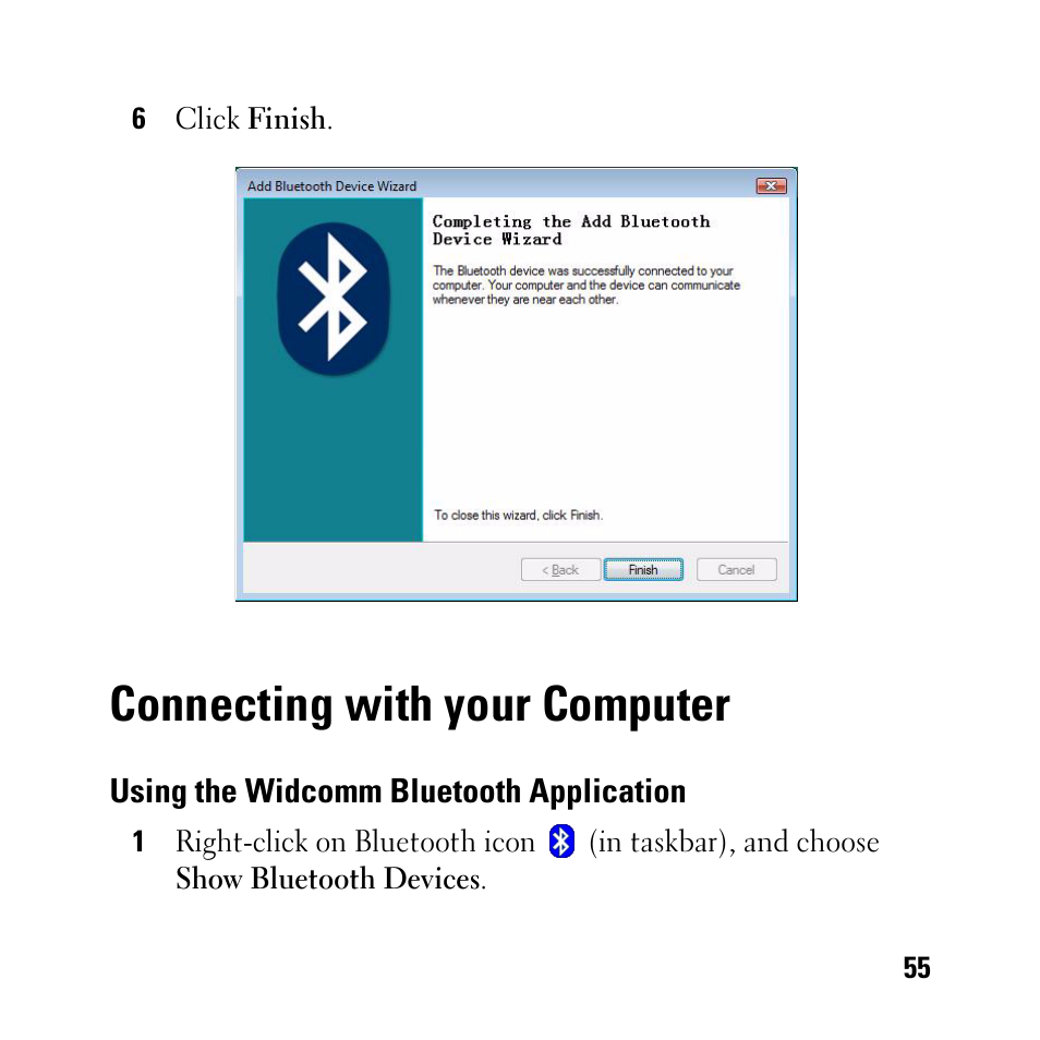 Connecting with your computer, Using the widcomm bluetooth application | Dell BH200 Bluetooth 2.0 EDR Stereo Headset User Manual | Page 55 / 93