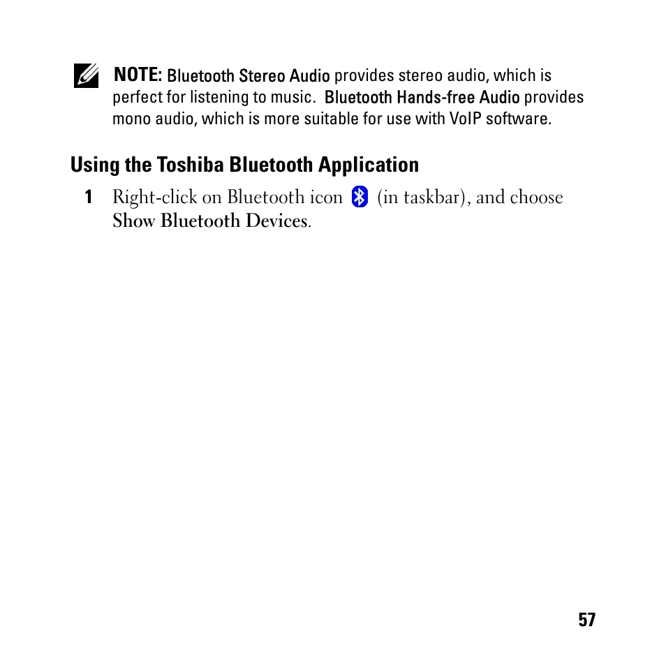 Using the toshiba bluetooth application | Dell BH200 Bluetooth 2.0 EDR Stereo Headset User Manual | Page 57 / 93