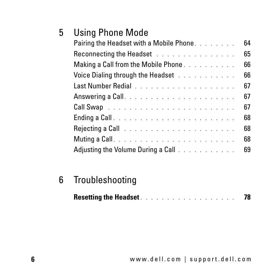 5 using phone mode, 6 troubleshooting | Dell BH200 Bluetooth 2.0 EDR Stereo Headset User Manual | Page 6 / 93
