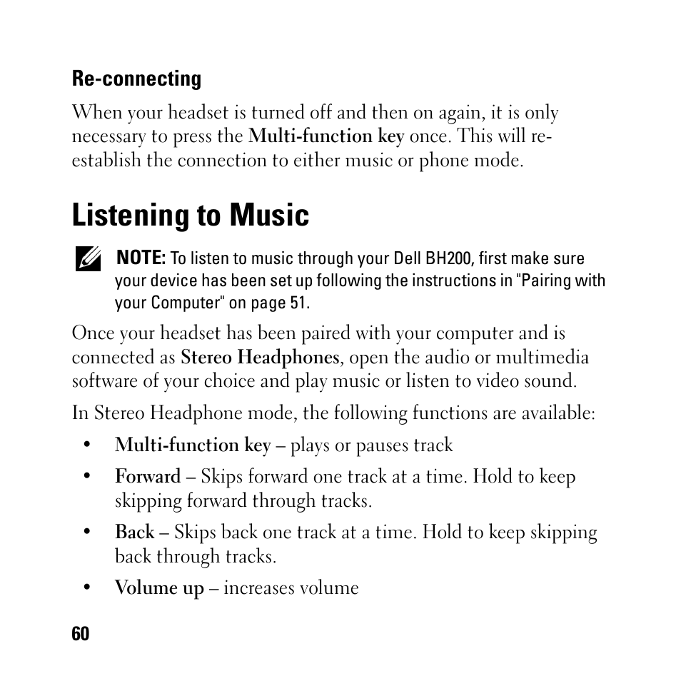 Re-connecting, Listening to music | Dell BH200 Bluetooth 2.0 EDR Stereo Headset User Manual | Page 60 / 93