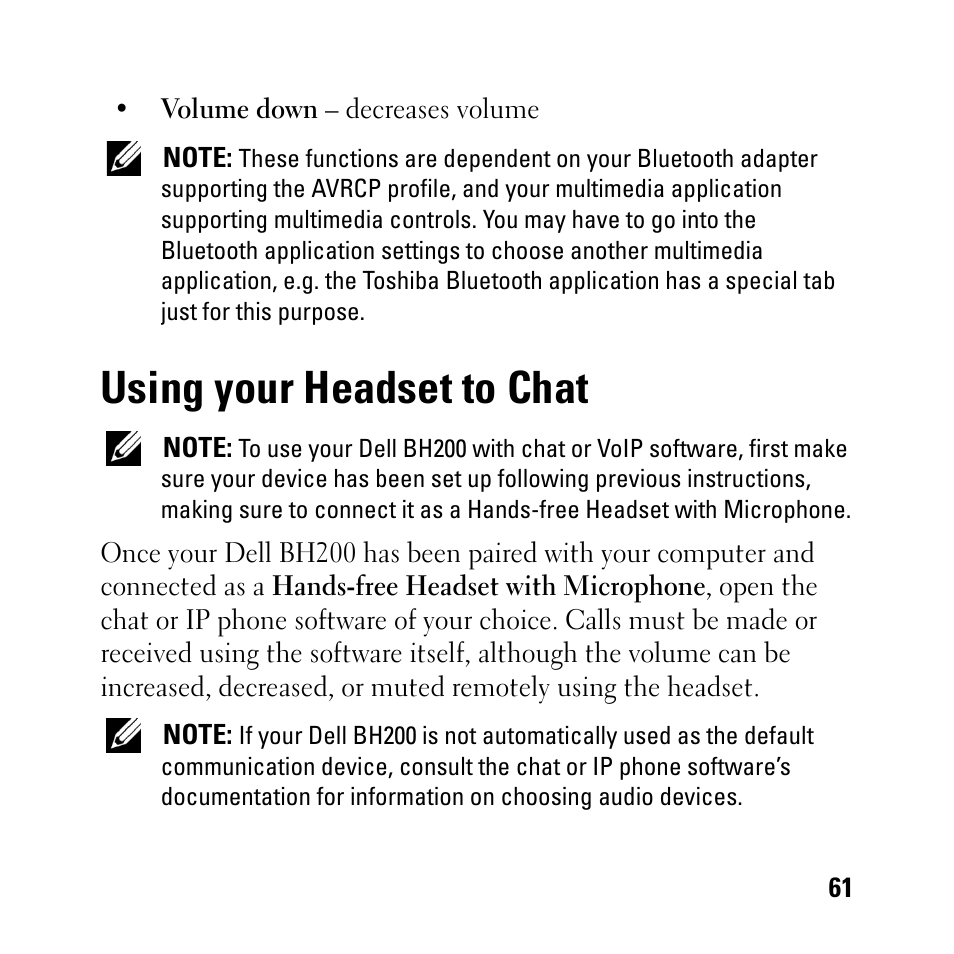 Using your headset to chat | Dell BH200 Bluetooth 2.0 EDR Stereo Headset User Manual | Page 61 / 93