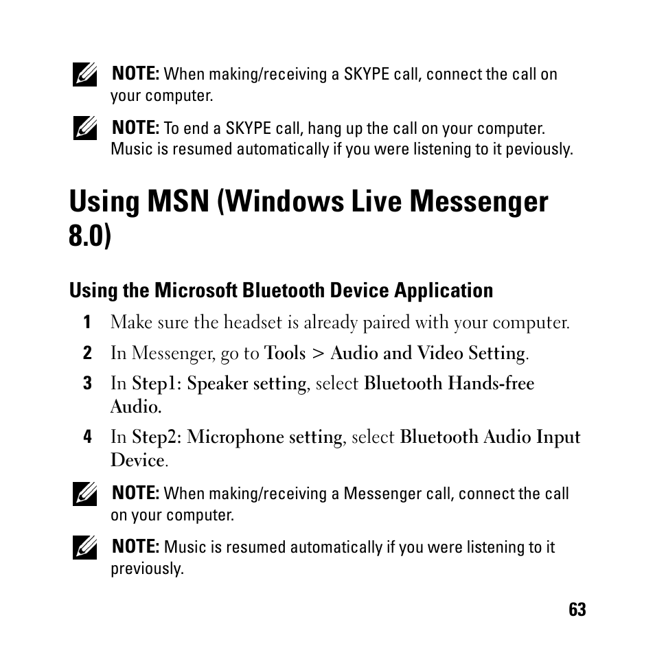 Using msn (windows live messenger 8.0), Using the microsoft bluetooth device application | Dell BH200 Bluetooth 2.0 EDR Stereo Headset User Manual | Page 63 / 93