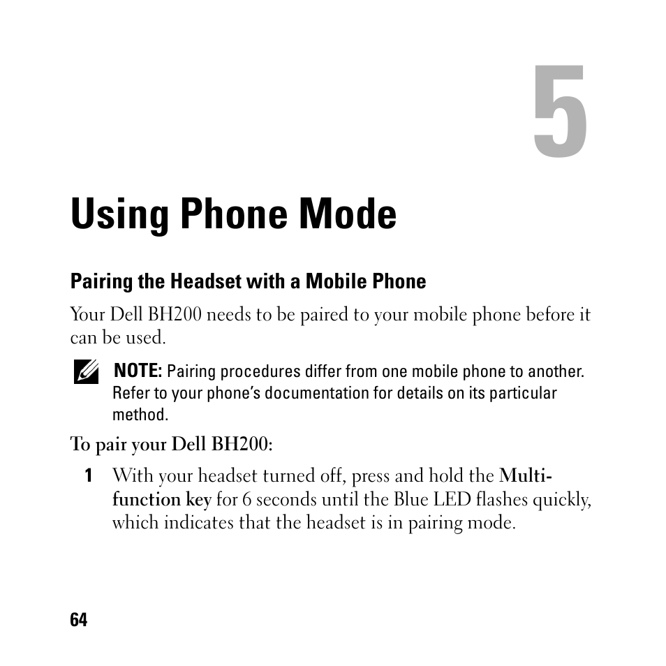 Using phone mode, Pairing the headset with a mobile phone, 5 using phone mode | Dell BH200 Bluetooth 2.0 EDR Stereo Headset User Manual | Page 64 / 93