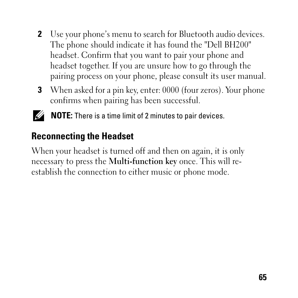 Reconnecting the headset | Dell BH200 Bluetooth 2.0 EDR Stereo Headset User Manual | Page 65 / 93