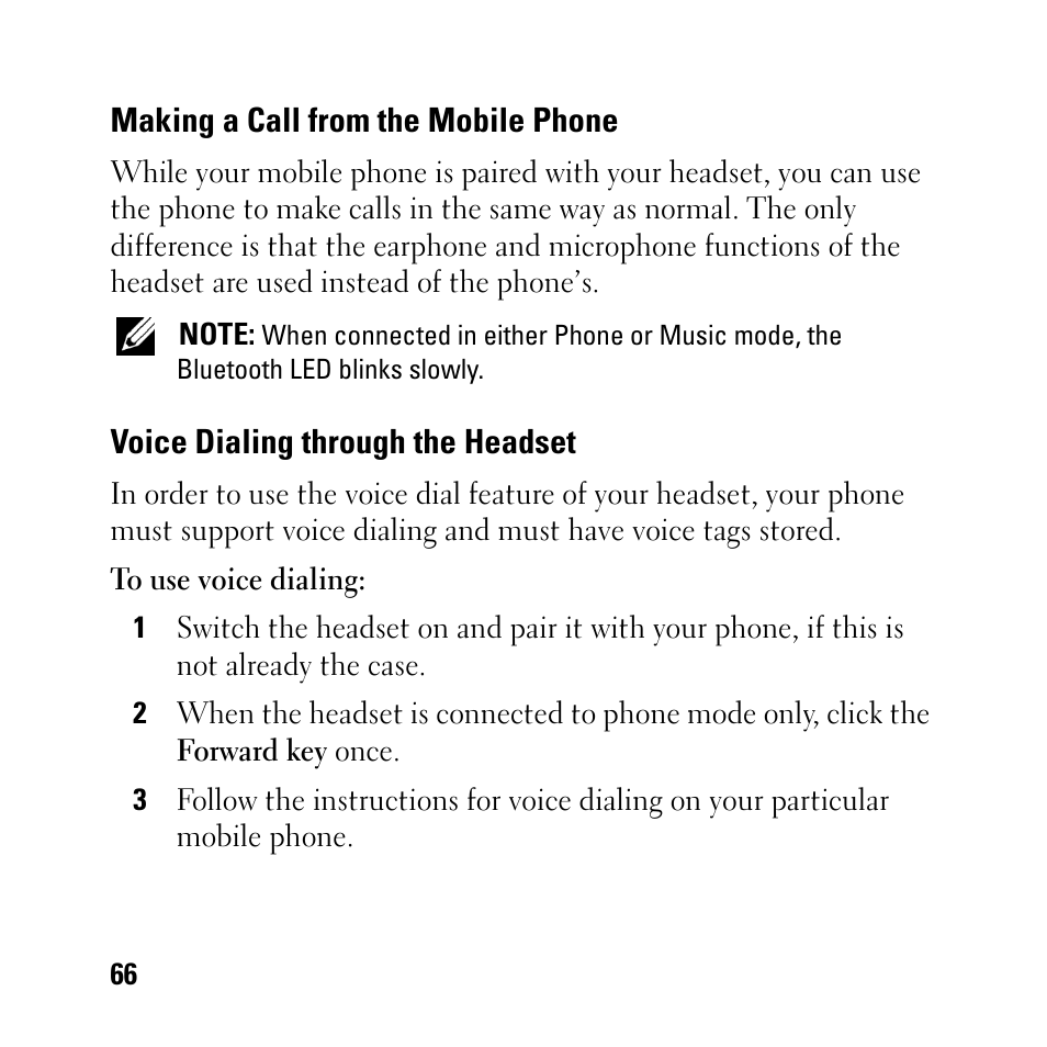 Making a call from the mobile phone, Voice dialing through the headset | Dell BH200 Bluetooth 2.0 EDR Stereo Headset User Manual | Page 66 / 93