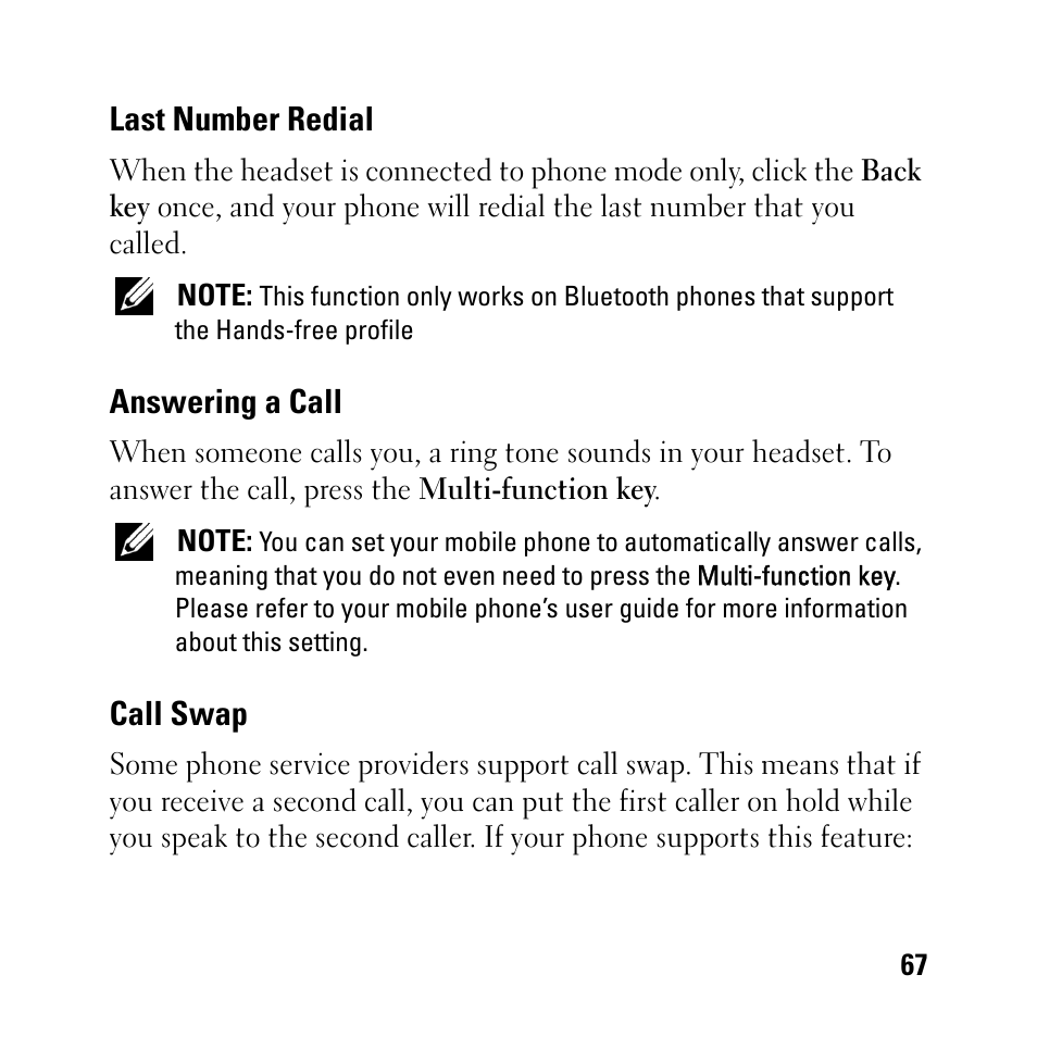 Last number redial, Answering a call, Call swap | Dell BH200 Bluetooth 2.0 EDR Stereo Headset User Manual | Page 67 / 93